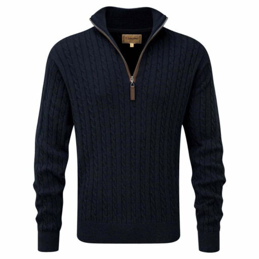 Schoffel Cotton Cashmere Cable Knit Quarter Zip Jumper in Navy 20 4145 8880