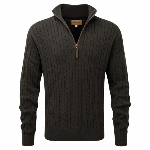 Schoffel Cotton Cashmere Cable Knit Quarter Zip Jumper in Loden 20 4145 6790