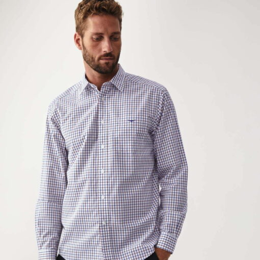 RM WIlliams Collins Poplin Shirt Burgundy & Navy Check