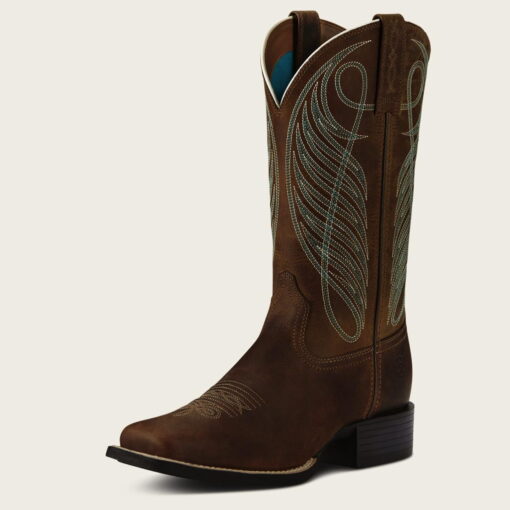 Ariat Ladies Round Up Wide Square Toe Western Boots Powder Brown