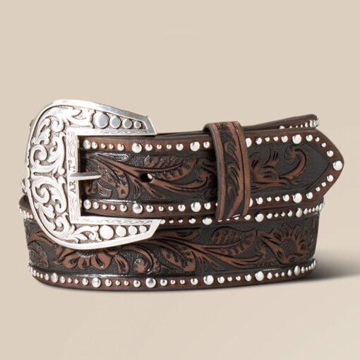 Ariat Ladies Studded Tooled Embossed Belt Inlay Brown