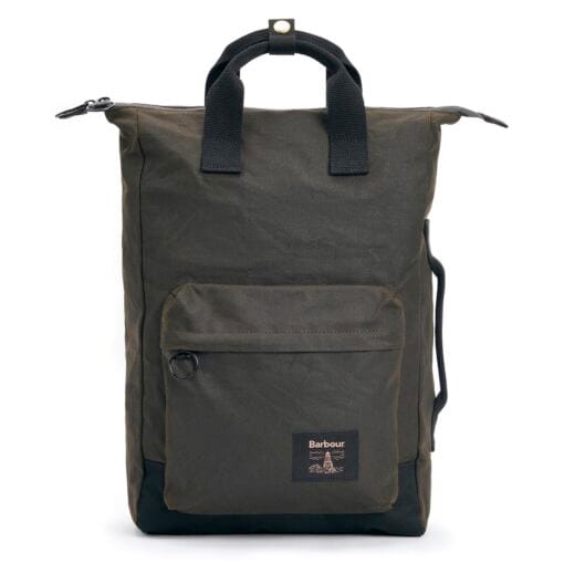Barbour Field Waxed Backpack in Olive and Black front UBA0714OL711