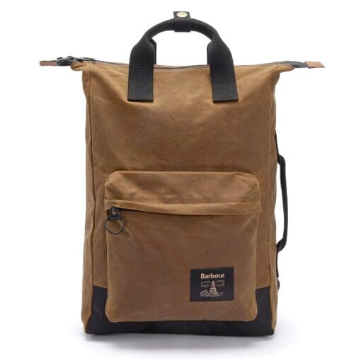 Barbour Field Waxed Backpack in Tan and Black front UBA0714SN911