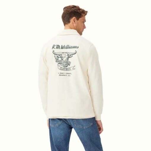 R M Williams Boots & Saddles ¼ Zip Rugby Shirt in Cream KR200RJ0901 back logo detail