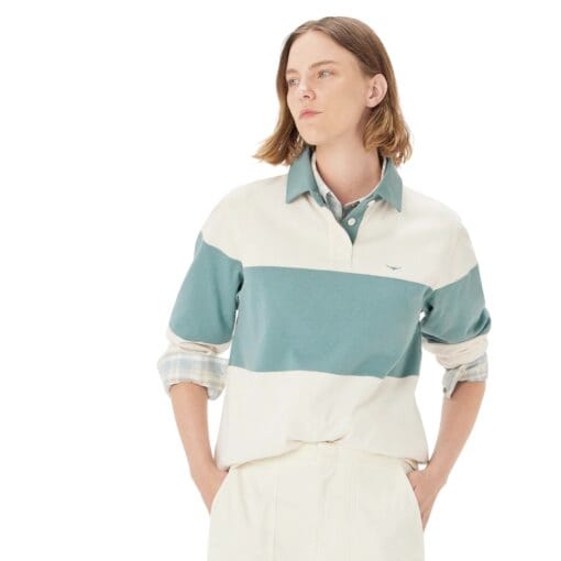 R M Williams Narran Panel Stripe Rugby Shirt Jade front KR800RJE801