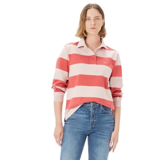 R M Williams Narran Stripe Rugby Shirt Shell Pink front KR800RJM801