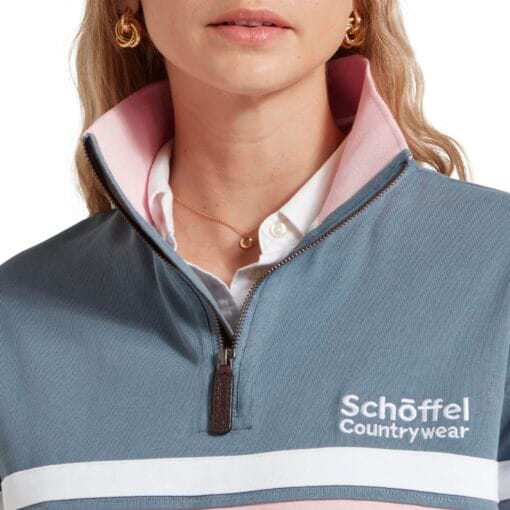 Schoffel Ladies Exmouth Heritage ¼ Zip in Dark Pigeon Blue and Chalky Coral detail 20-2064-8299