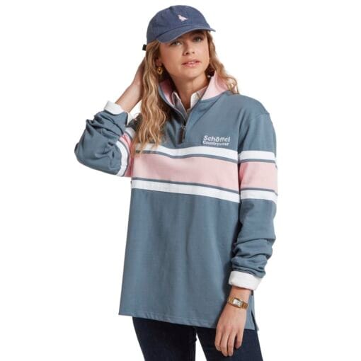 Schoffel Ladies Exmouth Heritage ¼ Zip in Dark Pigeon Blue and Chalky Coral front 20-2064-8299